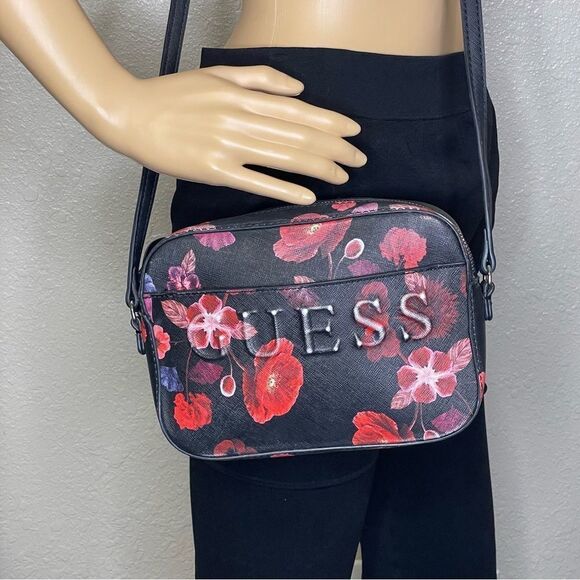 Guess Floral Embossed Crossbody Black Pink Red White - Picture 1 of 15